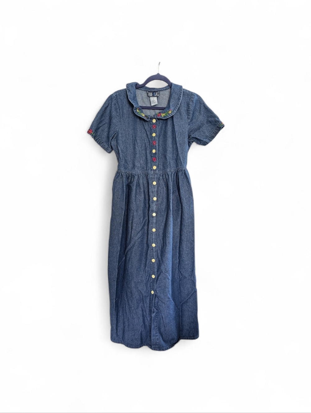 Vintage True Blue Coquette Y2k Cottagecore Maxi Denim Cotton Dress Size Medium